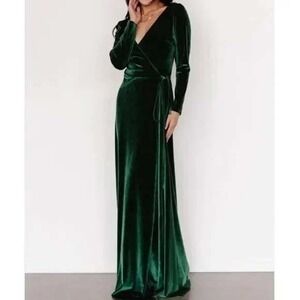 Baltic Born Esmerelda Emerald Green Velvet Wrap Maxi Dress Long Sleeve Large